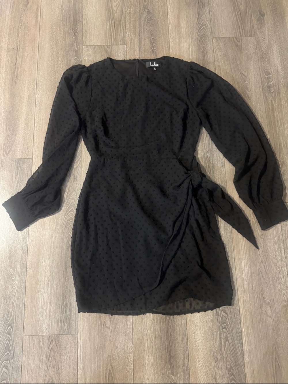 Lulus Black Swiss Dot Wrap Mini Dress Puff Sleeve Tie Waist Size Small